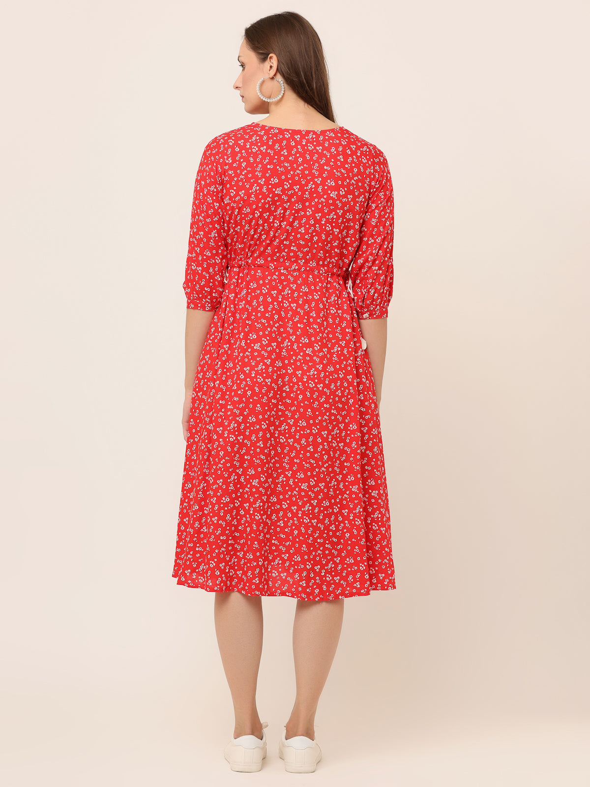 RED FLORAL WAIST TIE-UP DRESS
