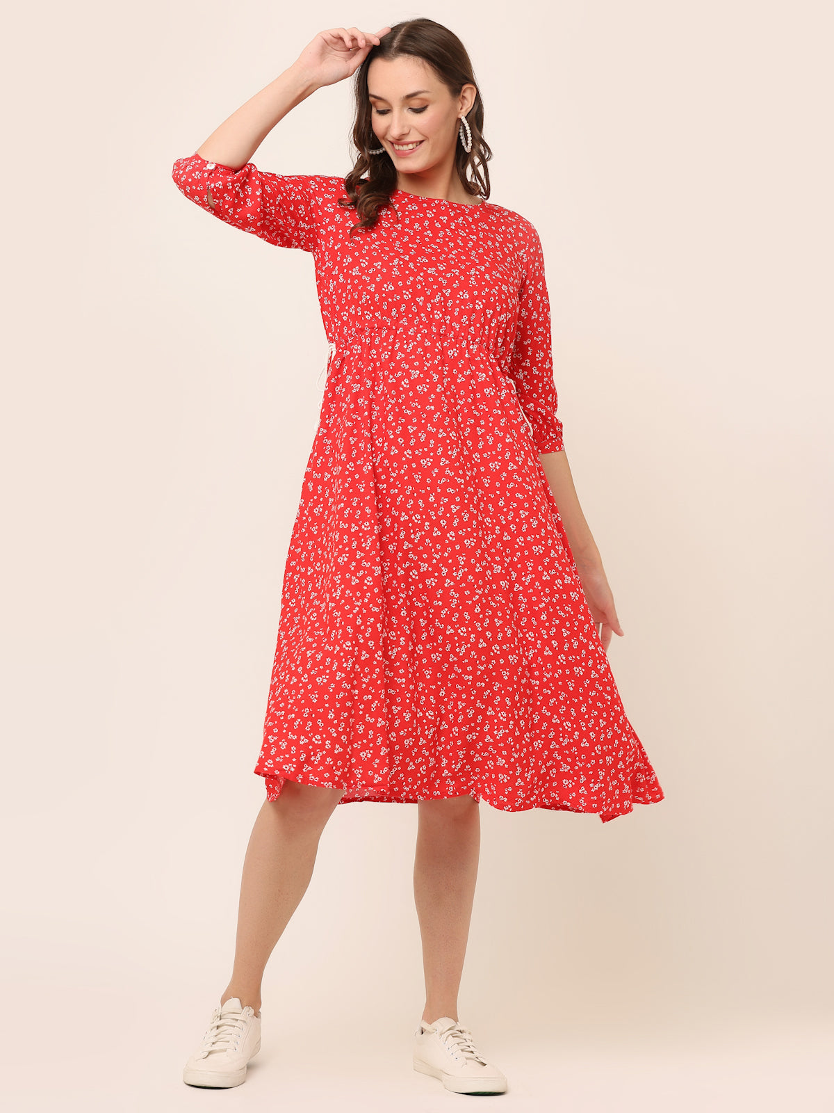 RED FLORAL WAIST TIE-UP DRESS