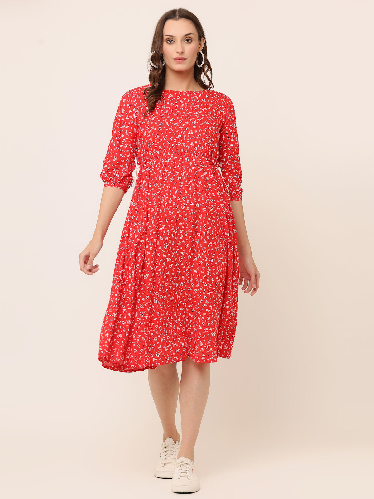 RED FLORAL WAIST TIE-UP DRESS