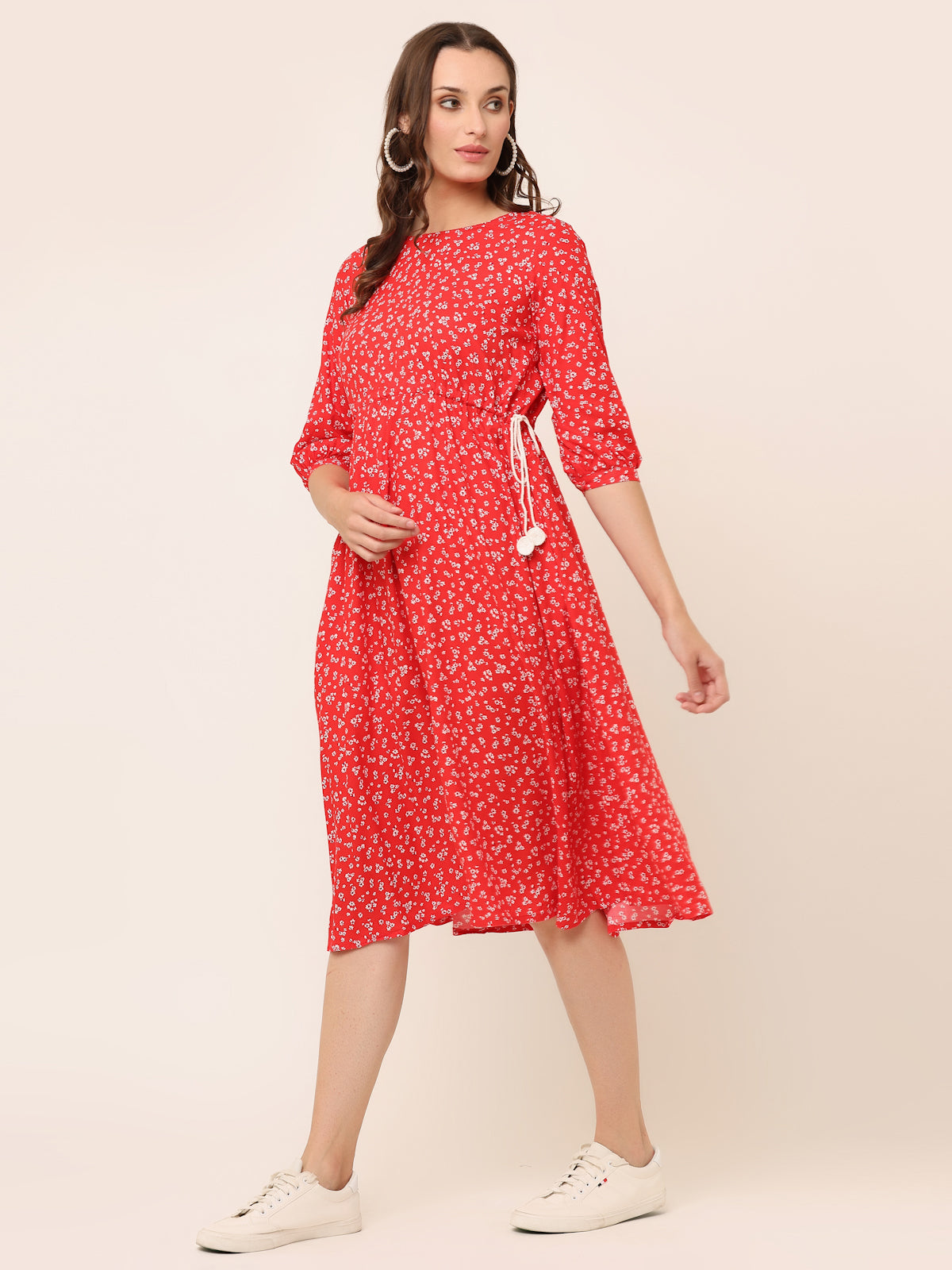 RED FLORAL WAIST TIE-UP DRESS