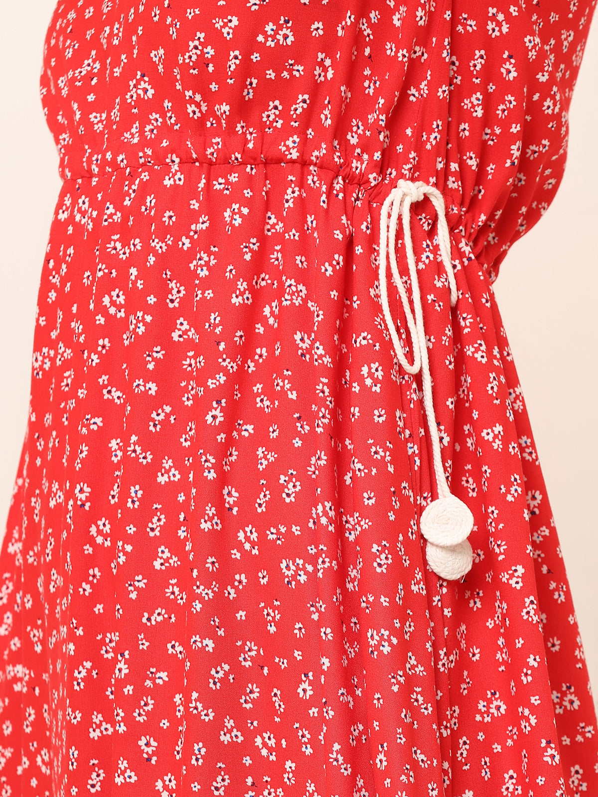 RED FLORAL WAIST TIE-UP DRESS
