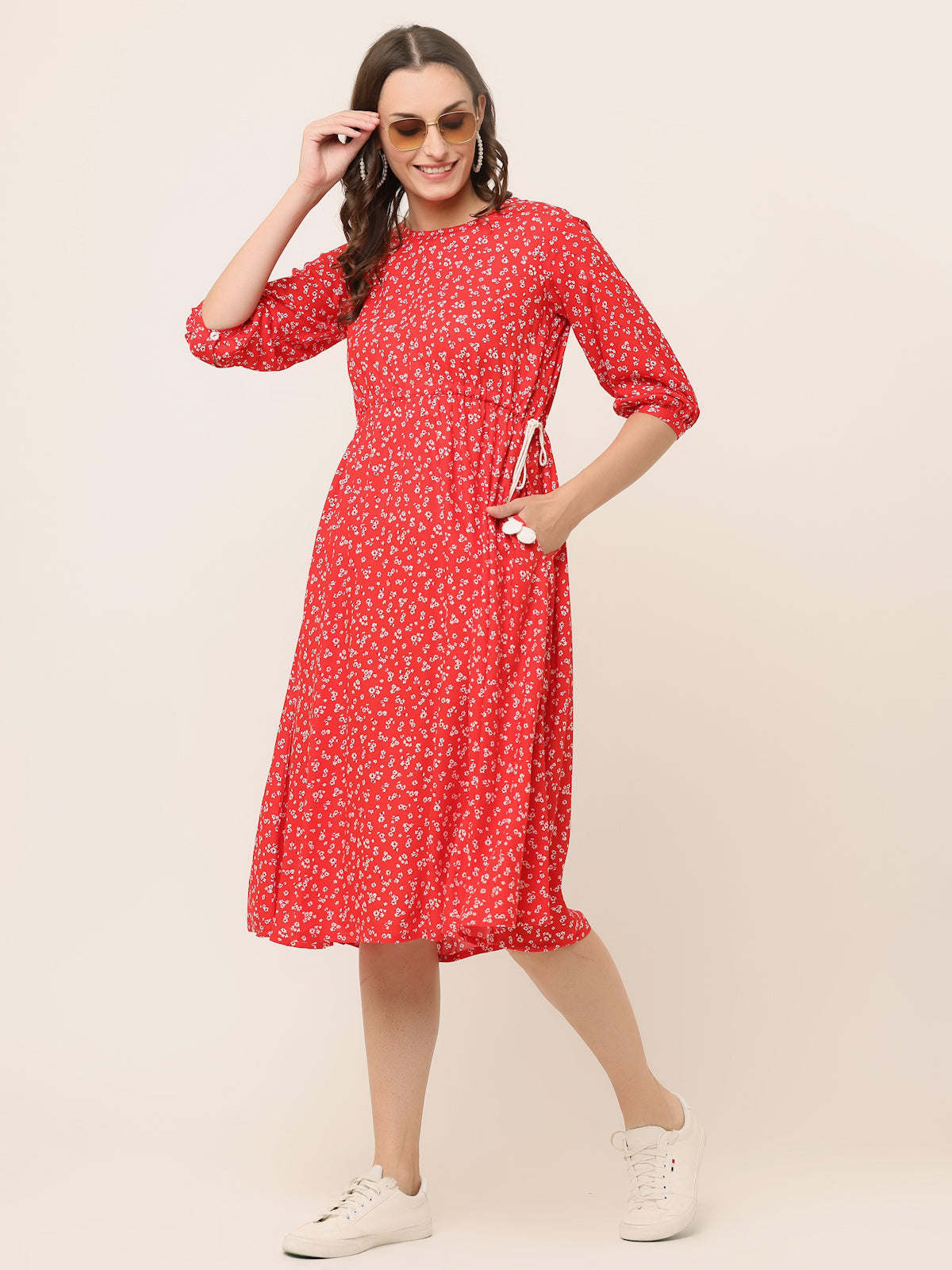 RED FLORAL WAIST TIE-UP DRESS