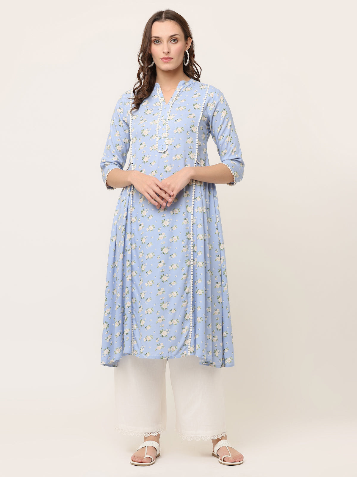 LIGHT BLUE FLORAL LACE DETAIL KURTA