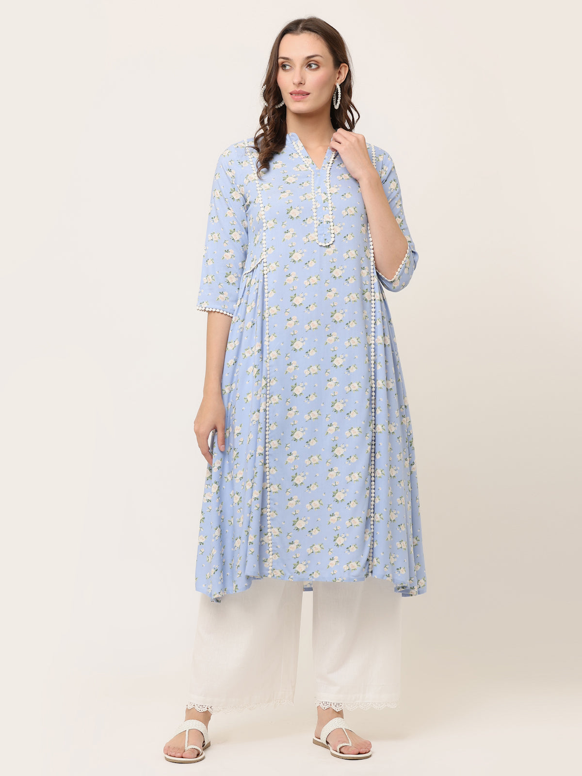 LIGHT BLUE FLORAL LACE DETAIL KURTA