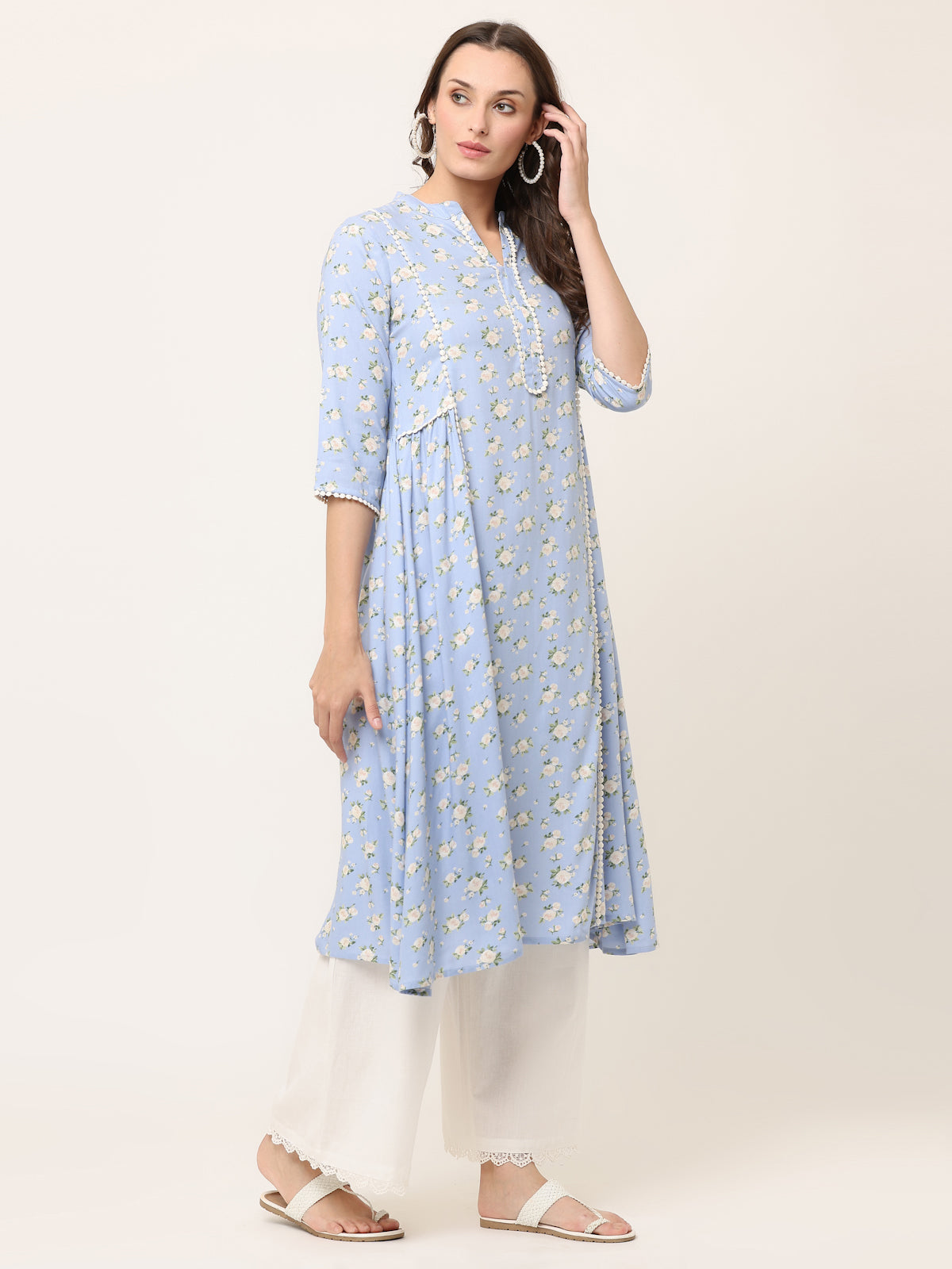 LIGHT BLUE FLORAL LACE DETAIL KURTA