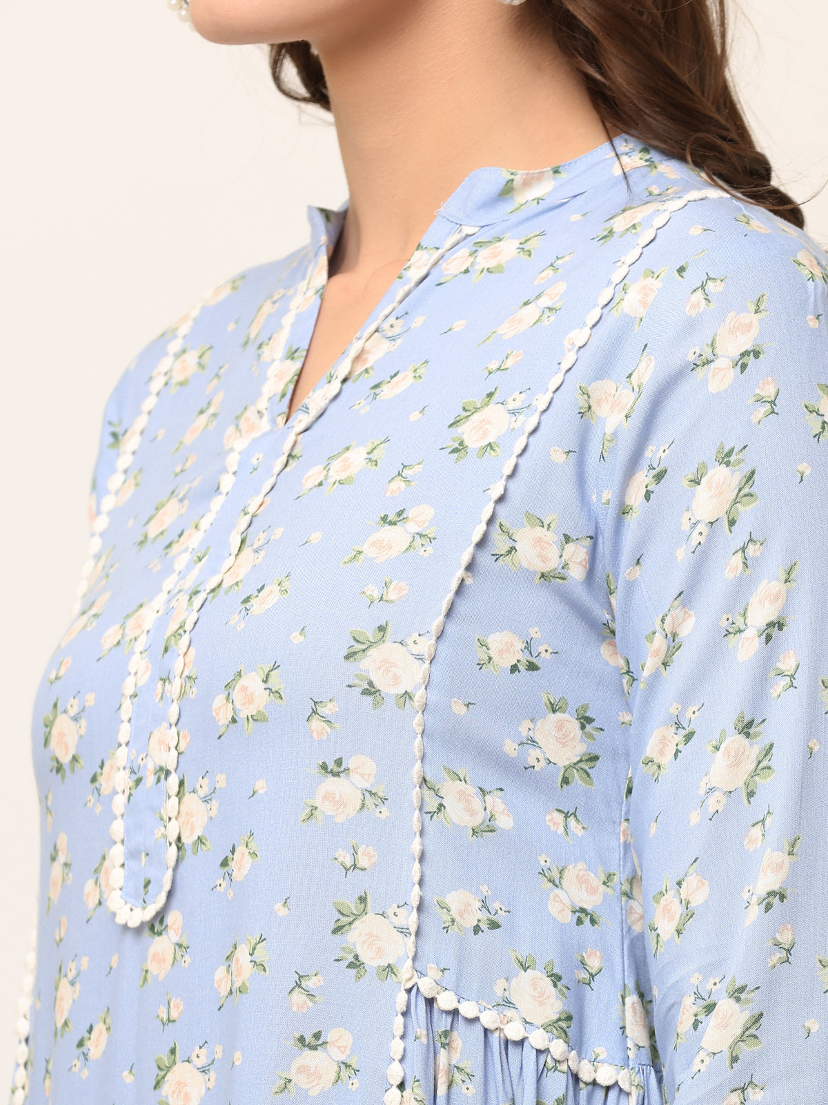 LIGHT BLUE FLORAL LACE DETAIL KURTA