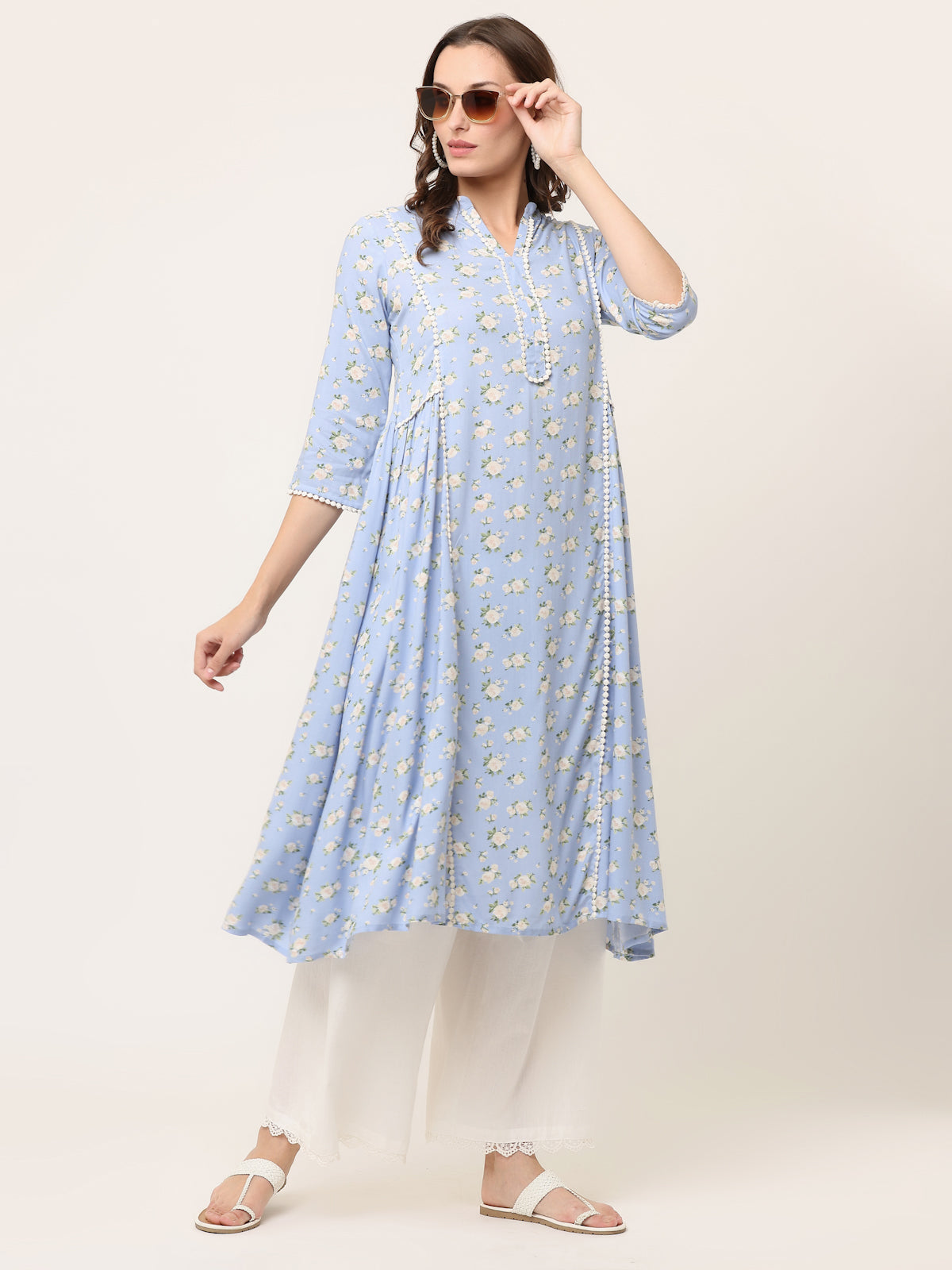 LIGHT BLUE FLORAL LACE DETAIL KURTA