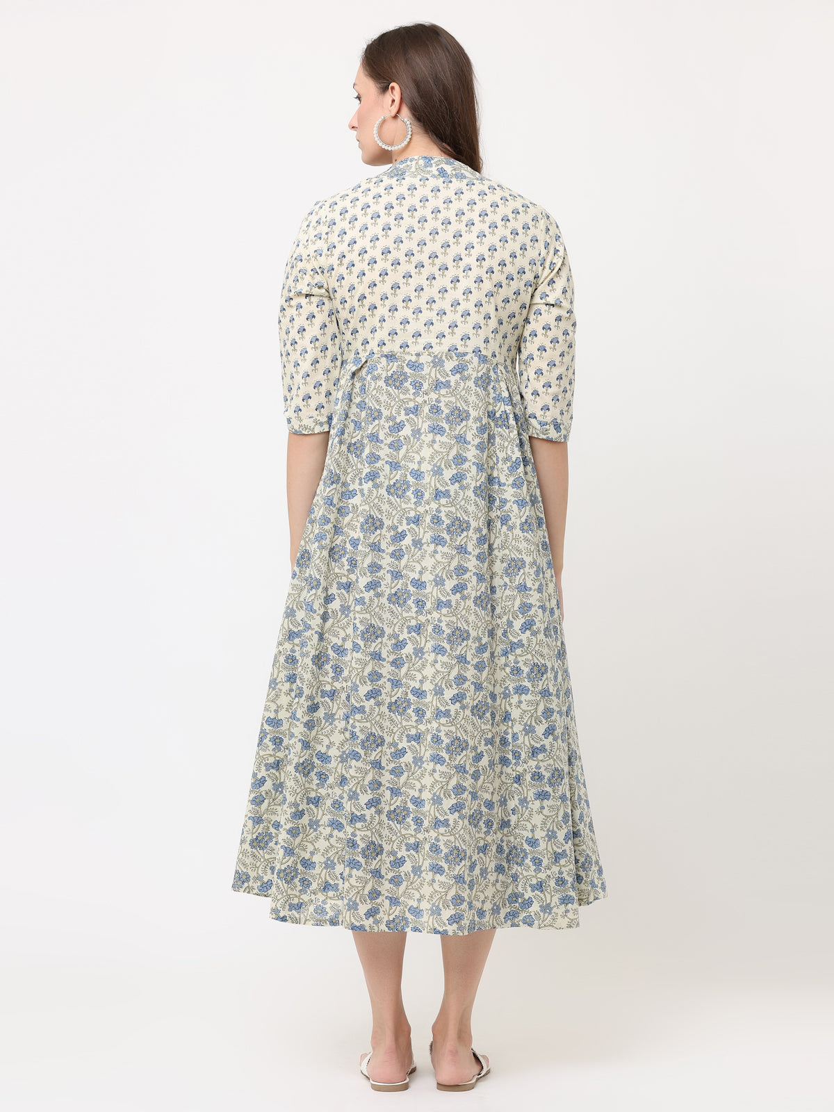 CREAM & BLUE HAND BLOCK PRINT MIX LONG DRESS