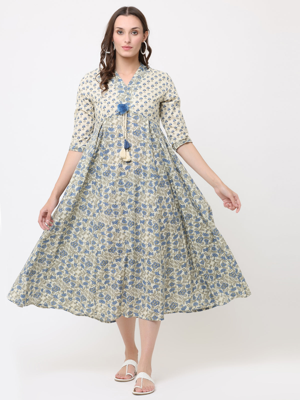 CREAM & BLUE HAND BLOCK PRINT MIX LONG DRESS