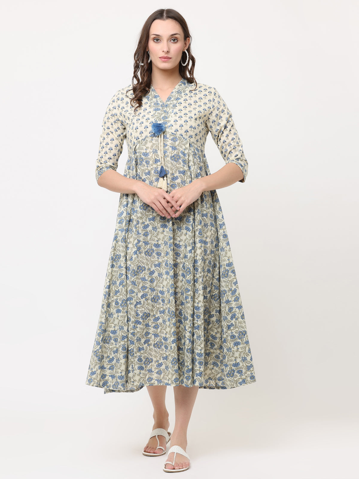 CREAM & BLUE HAND BLOCK PRINT MIX LONG DRESS