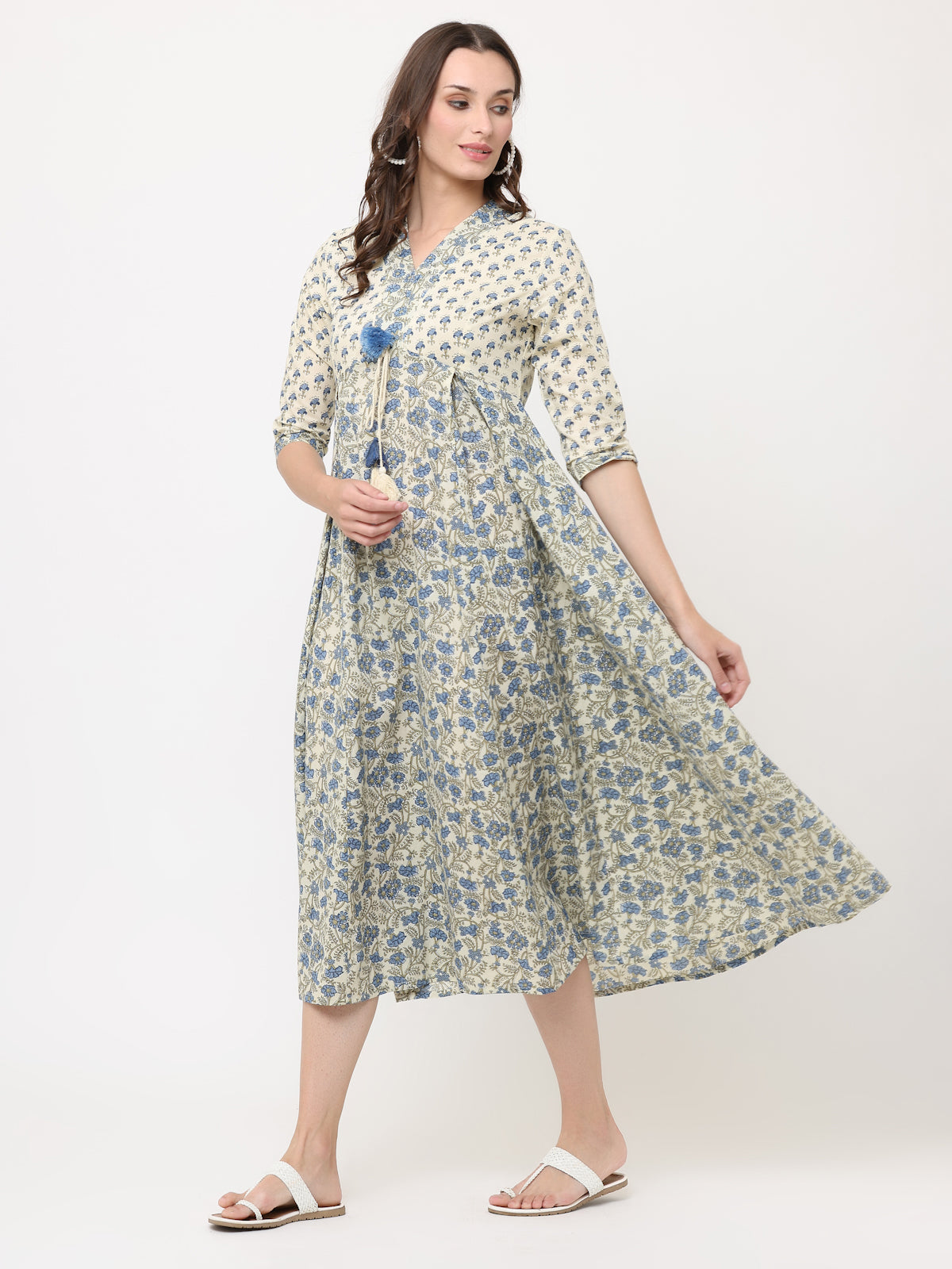 CREAM & BLUE HAND BLOCK PRINT MIX LONG DRESS