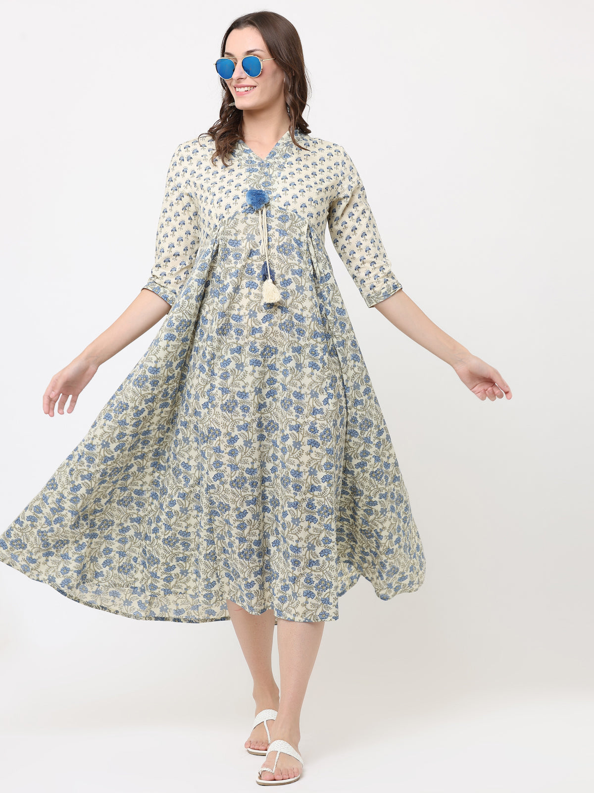 CREAM & BLUE HAND BLOCK PRINT MIX LONG DRESS