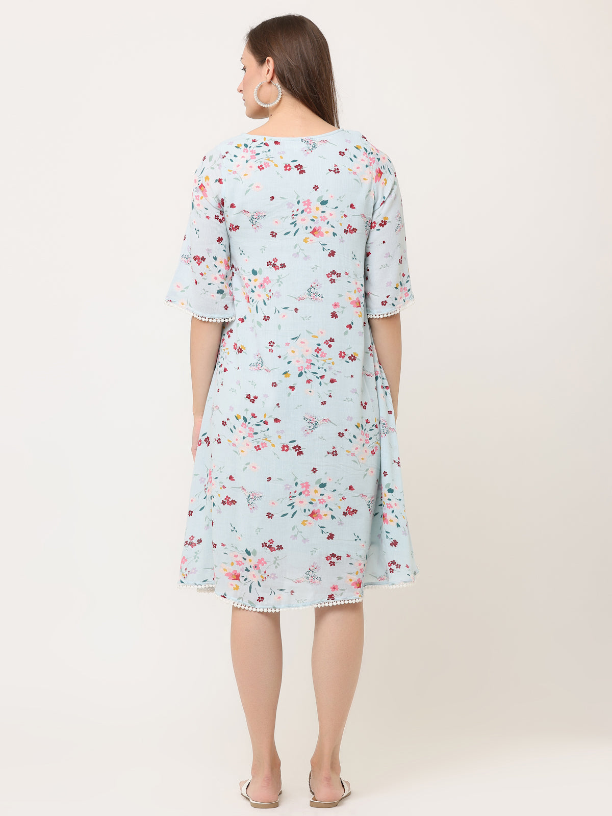 SKY BLUE FLORAL SWING DRESS WITH LACE DETAILS