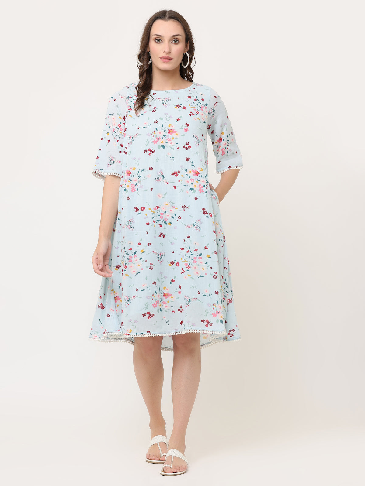 SKY BLUE FLORAL SWING DRESS WITH LACE DETAILS