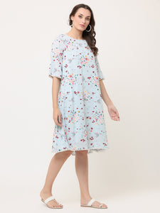 SKY BLUE FLORAL SWING DRESS WITH LACE DETAILS
