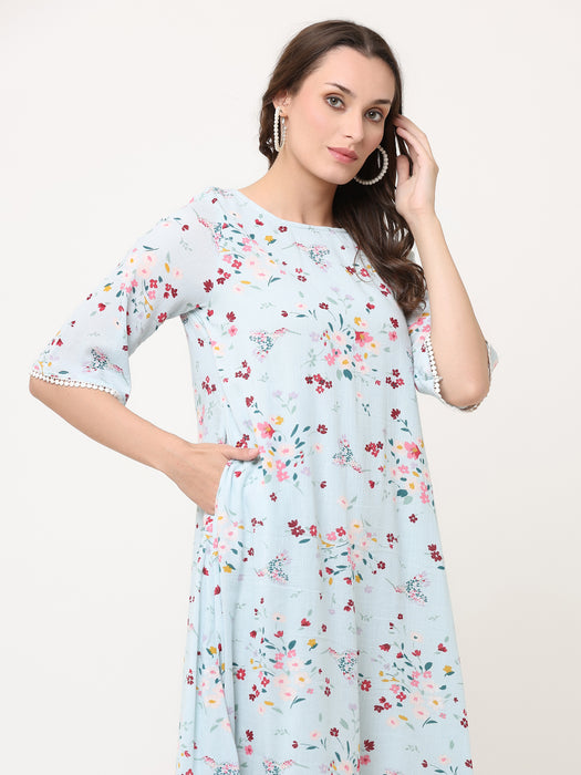 SKY BLUE FLORAL SWING DRESS WITH LACE DETAILS