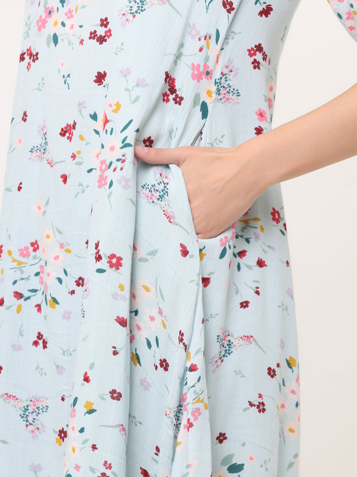 SKY BLUE FLORAL SWING DRESS WITH LACE DETAILS