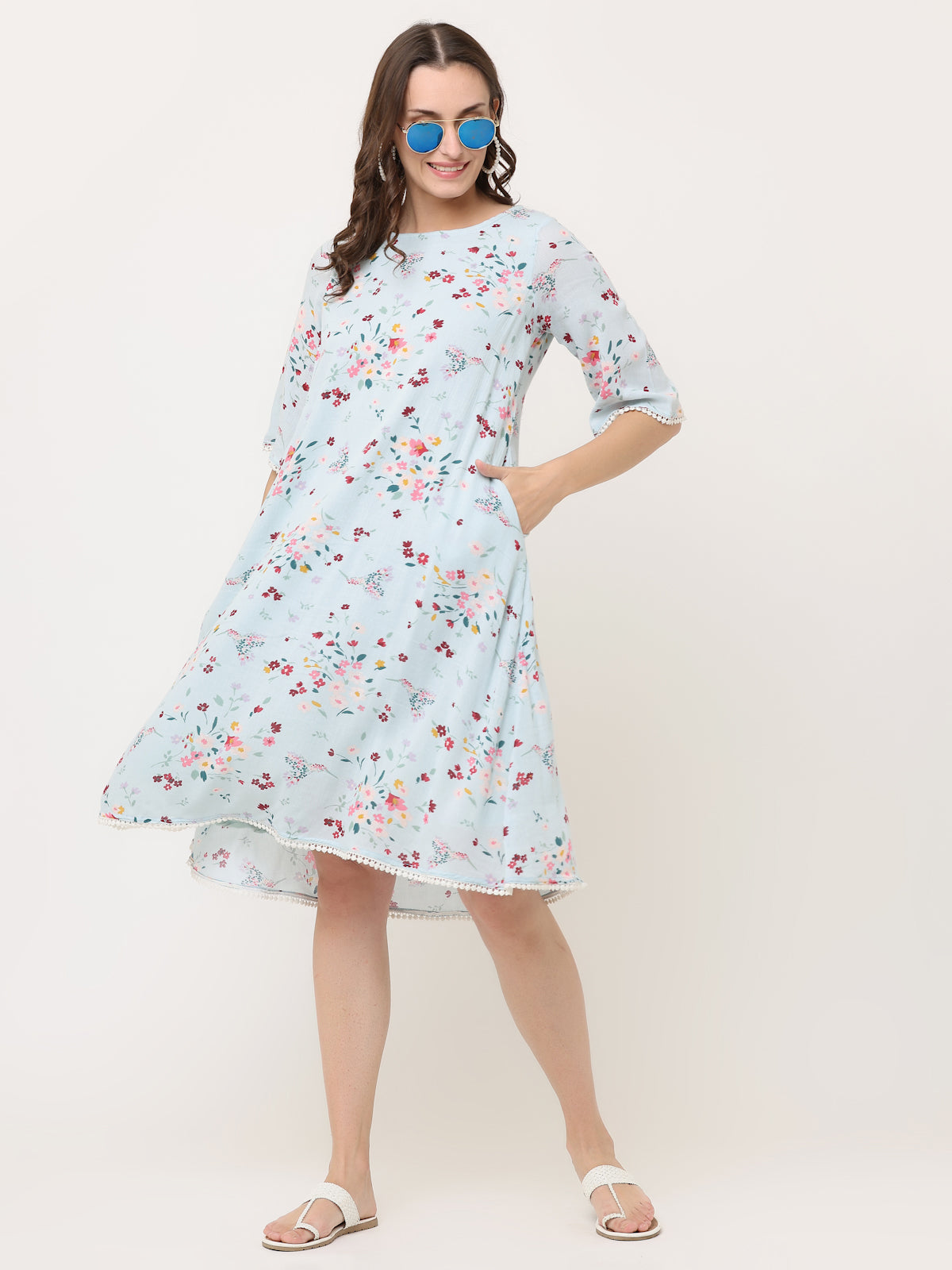 SKY BLUE FLORAL SWING DRESS WITH LACE DETAILS