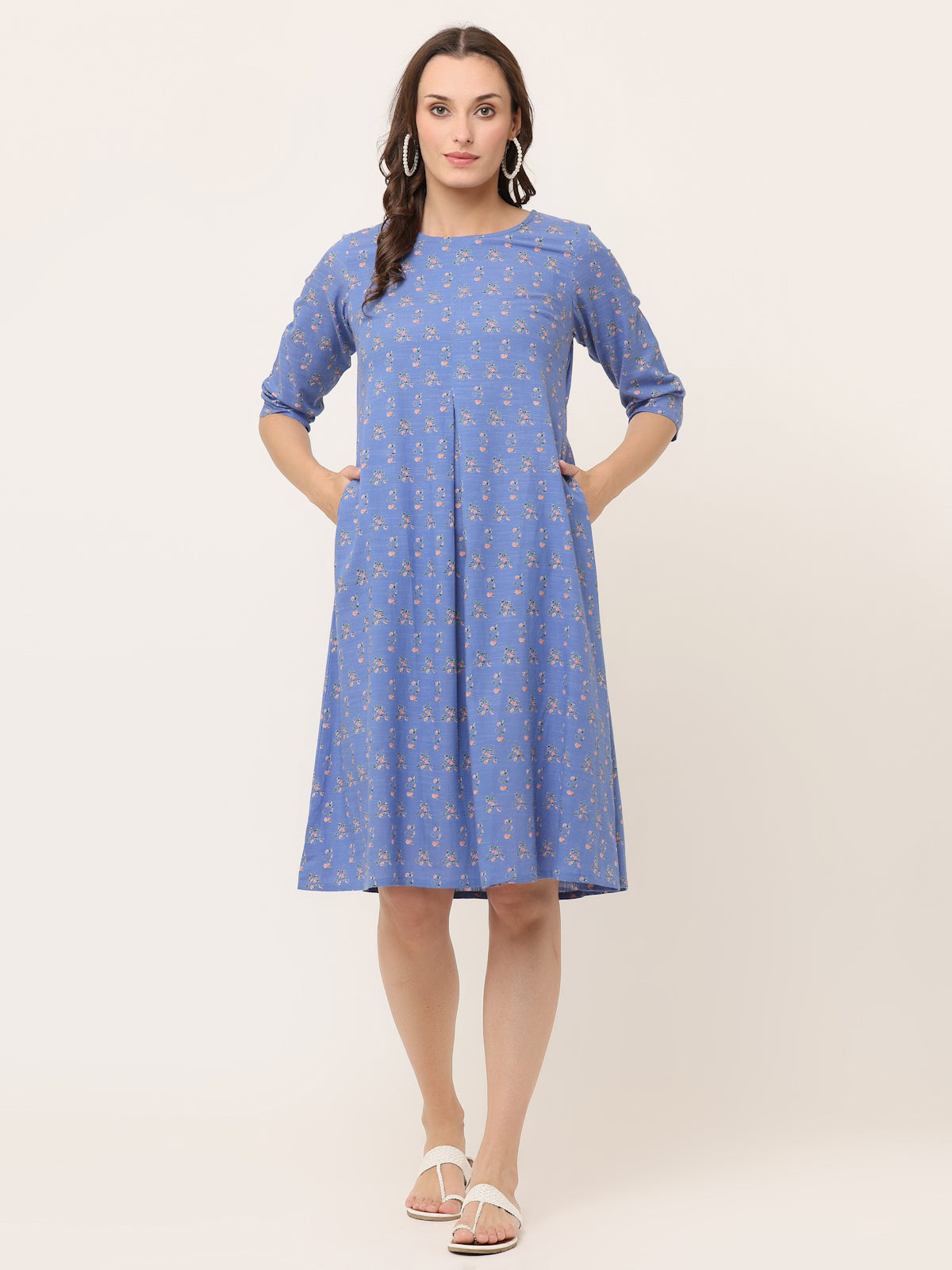 BLUE FLORAL A-LINE TUNIC WITH POCKETS