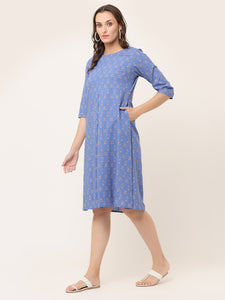 BLUE FLORAL A-LINE TUNIC WITH POCKETS
