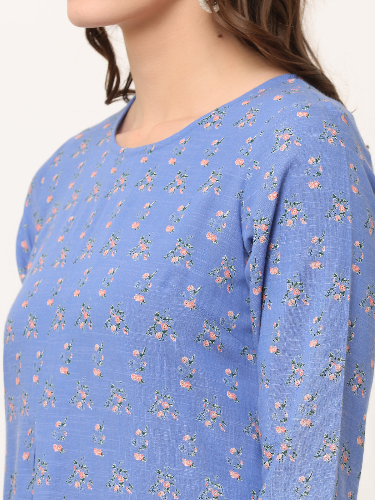 BLUE FLORAL A-LINE TUNIC WITH POCKETS
