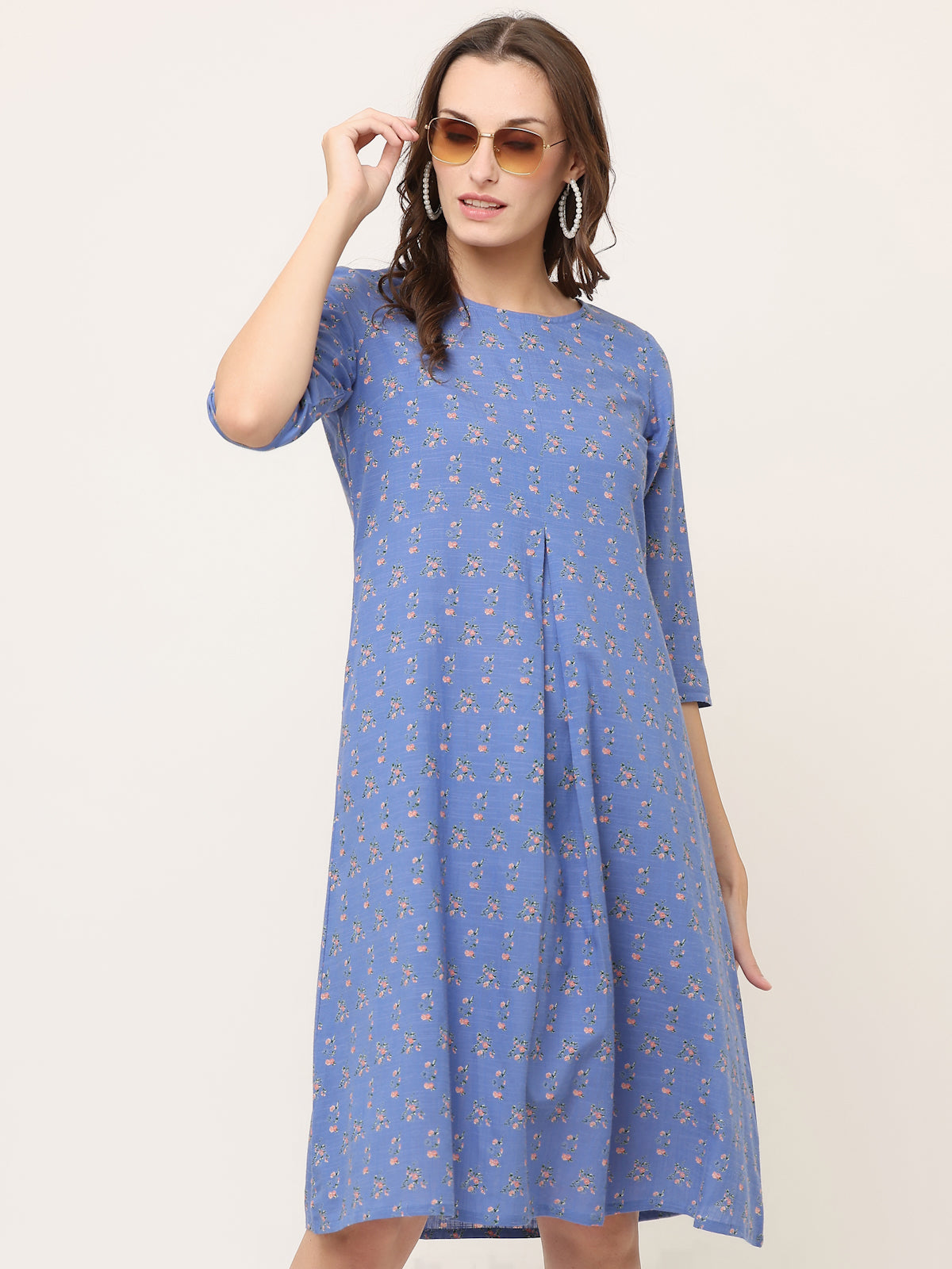 BLUE FLORAL A-LINE TUNIC WITH POCKETS