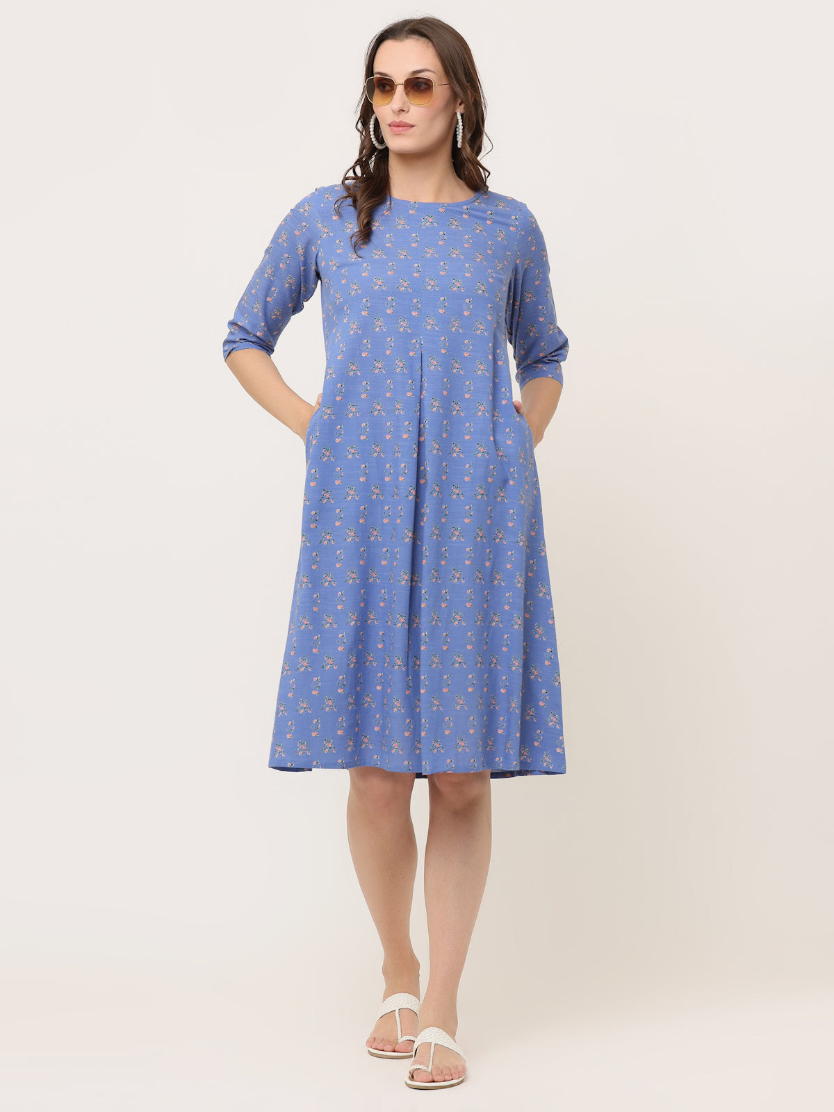 BLUE FLORAL A-LINE TUNIC WITH POCKETS