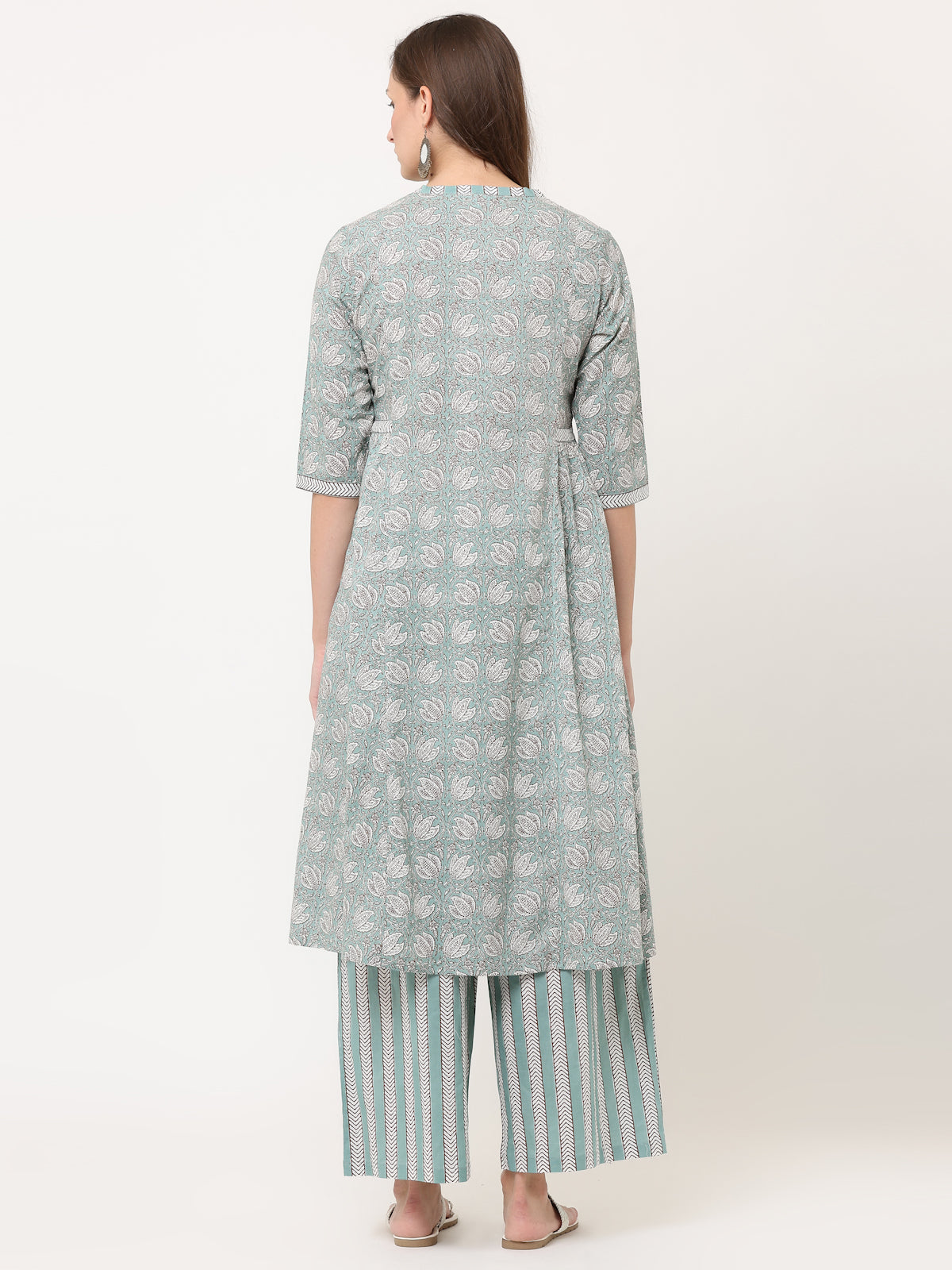 TEAL GREEN PRINT MIX COTTON KURTA & PANT SET
