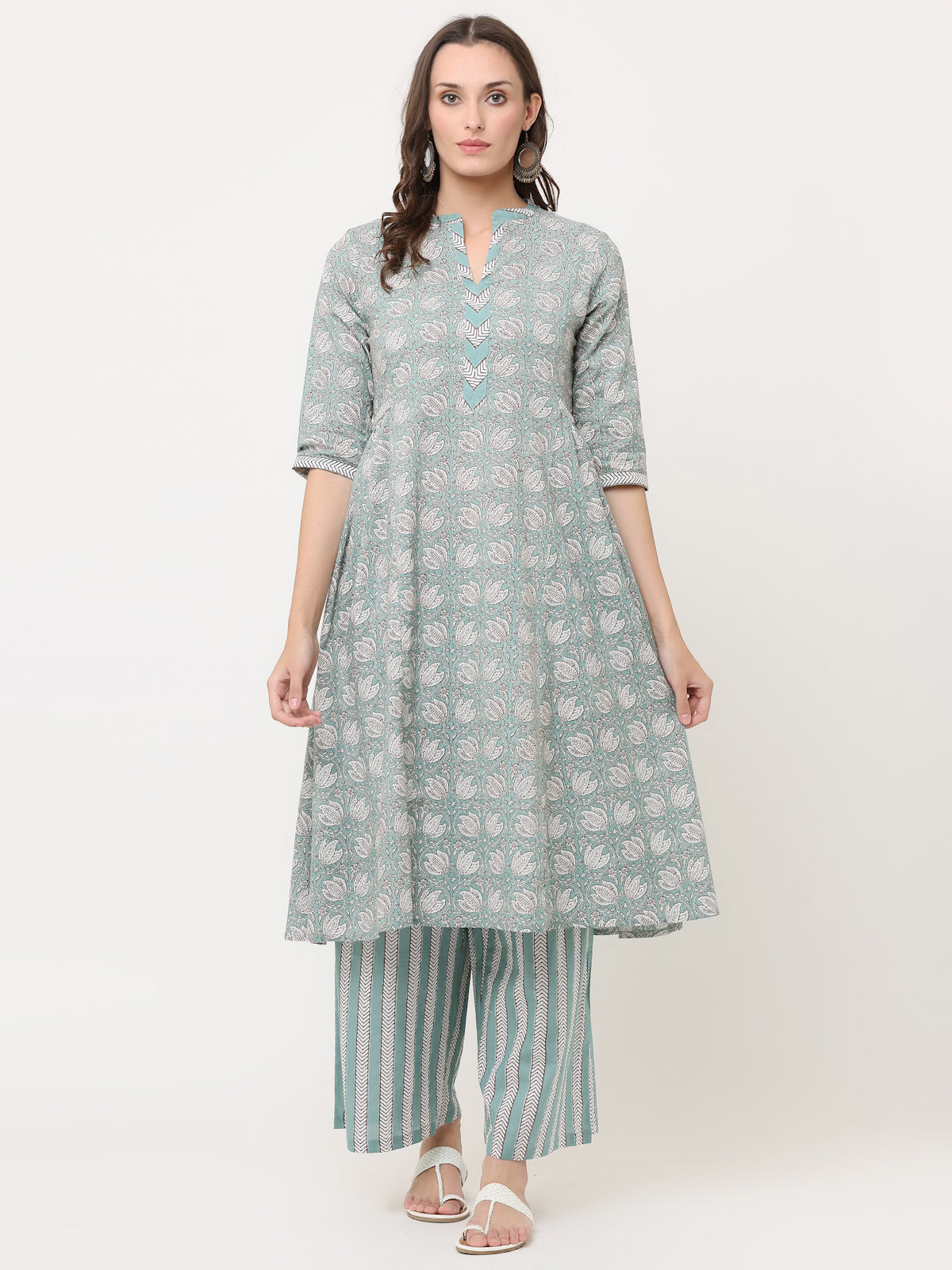 TEAL GREEN PRINT MIX COTTON KURTA & PANT SET