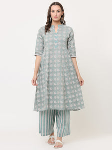 TEAL GREEN PRINT MIX COTTON KURTA & PANT SET