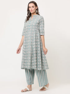 TEAL GREEN PRINT MIX COTTON KURTA & PANT SET