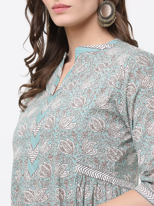 TEAL GREEN PRINT MIX COTTON KURTA & PANT SET