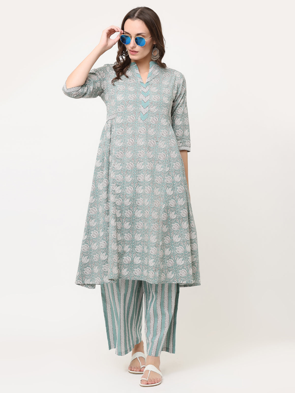 TEAL GREEN PRINT MIX COTTON KURTA & PANT SET
