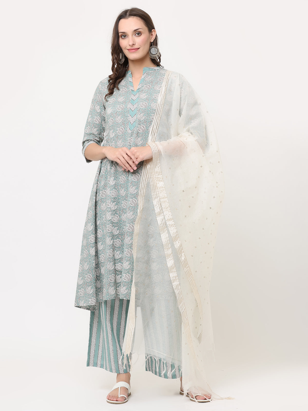 TEAL GREEN PRINT MIX COTTON KURTA & PANT SET