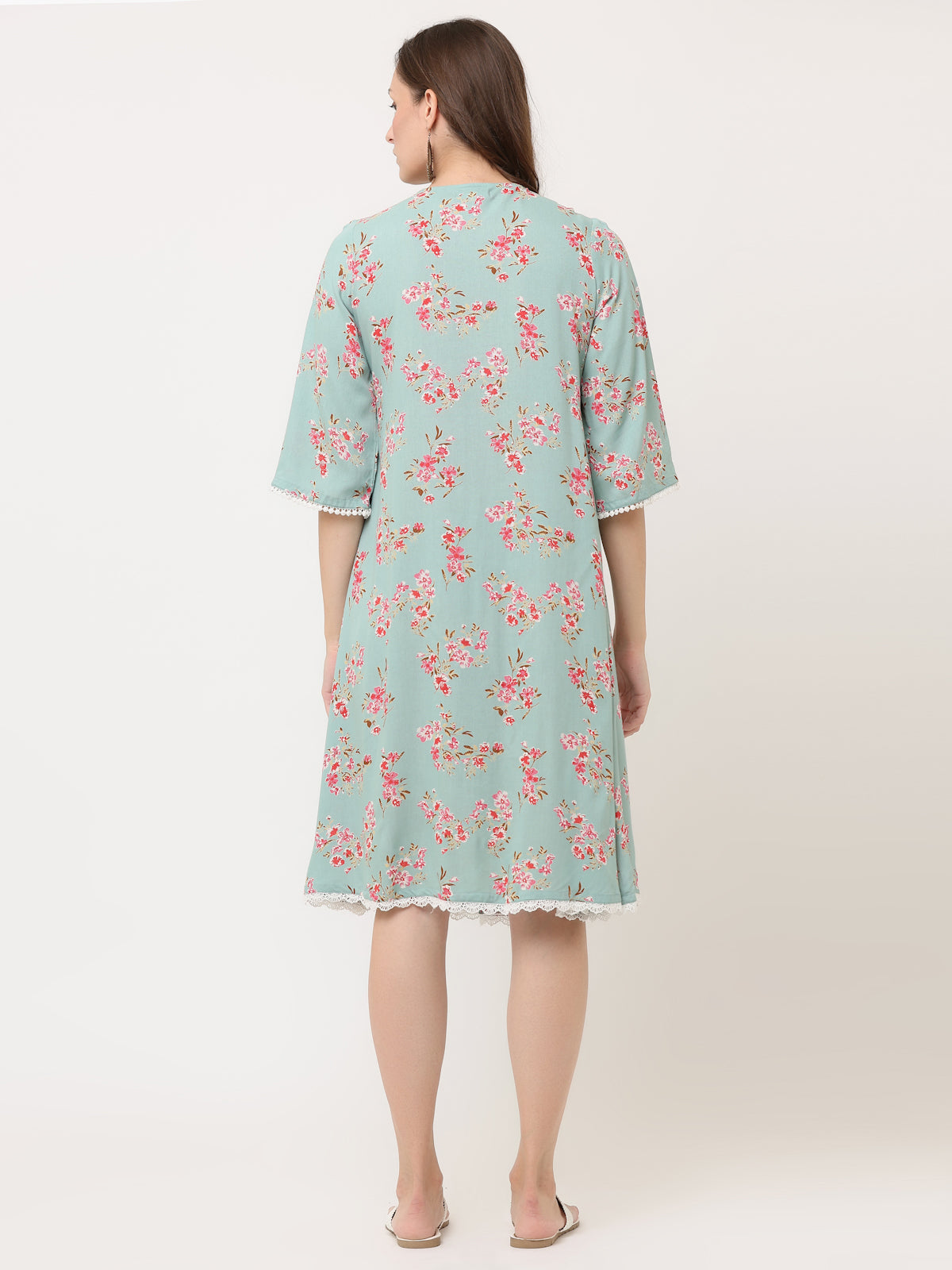 GREEN FLORAL PLEATED DRESS WITH TASSELS