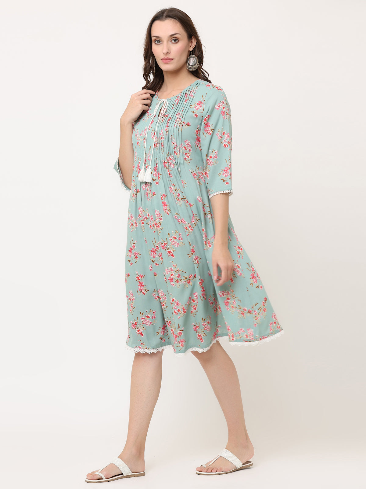 GREEN FLORAL PLEATED DRESS WITH TASSELS