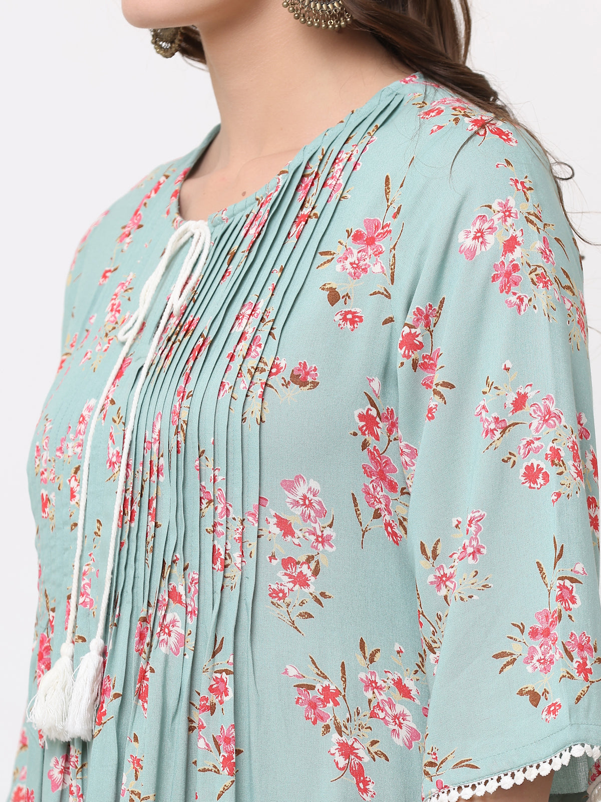 GREEN FLORAL PLEATED DRESS WITH TASSELS