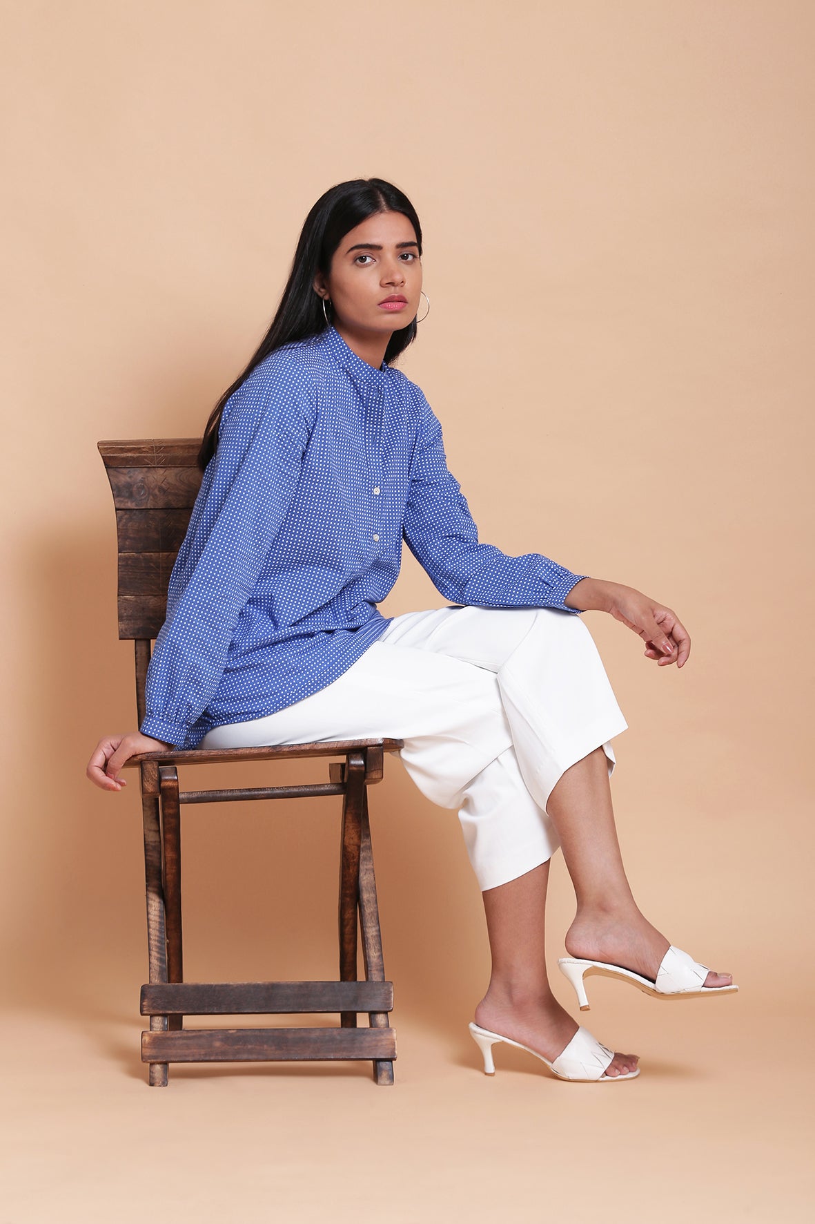 Classic Mandarin Collar Ink Blue Dot Print Top