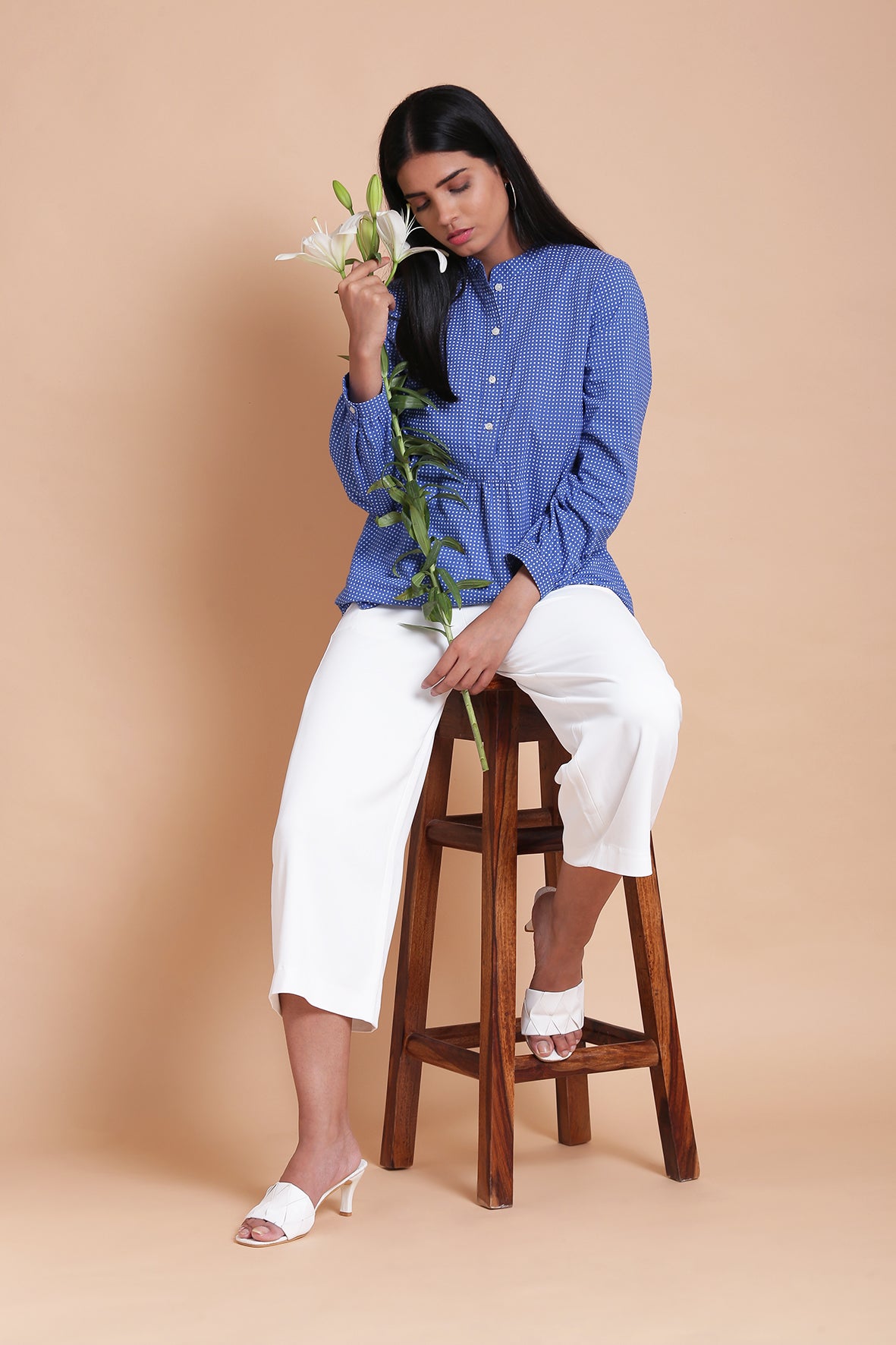 Classic Mandarin Collar Ink Blue Dot Print Top