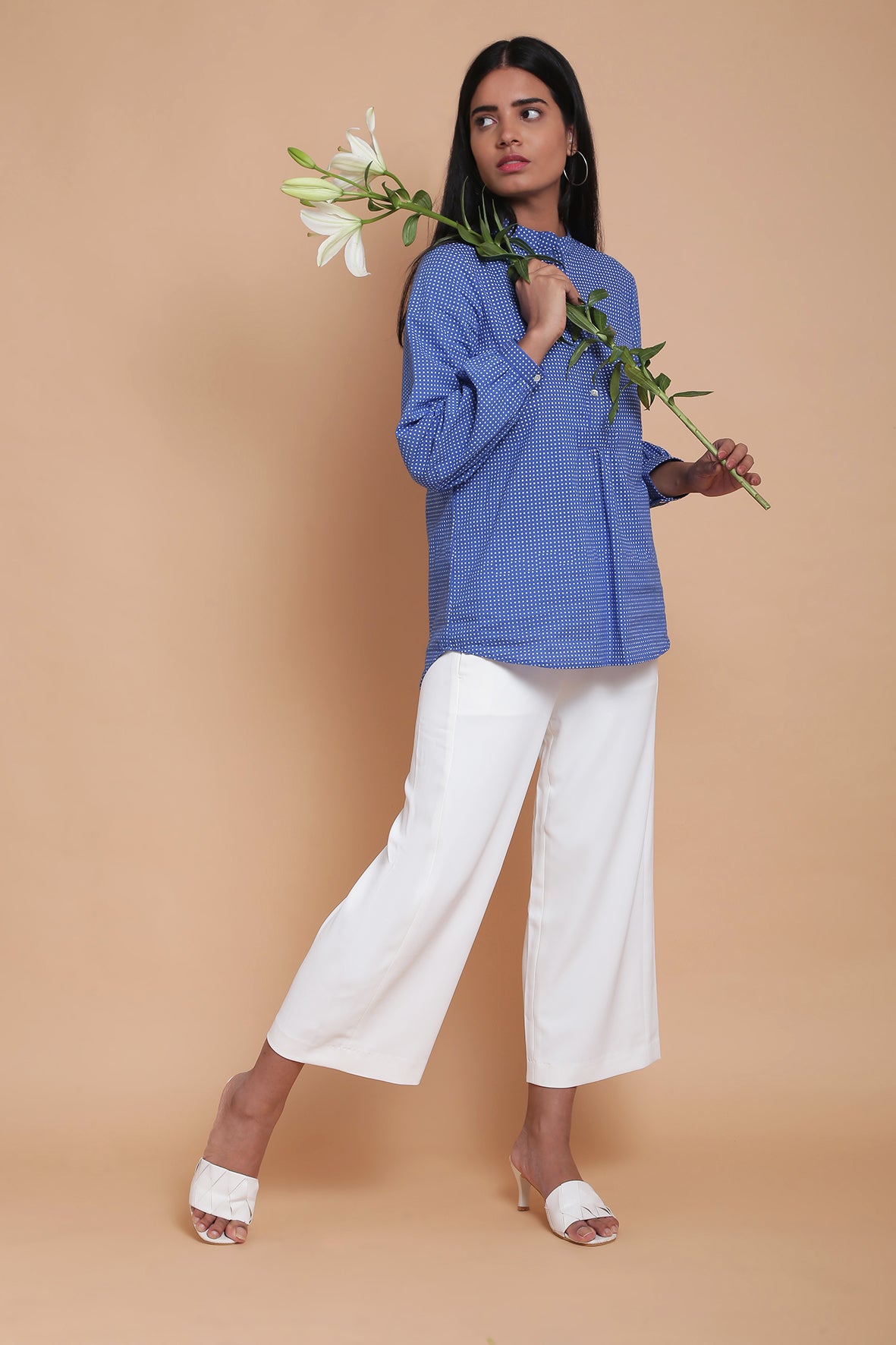 Classic Mandarin Collar Ink Blue Dot Print Top