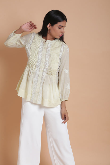 Lime Yellow Mulmul Pleated Embroidered Top