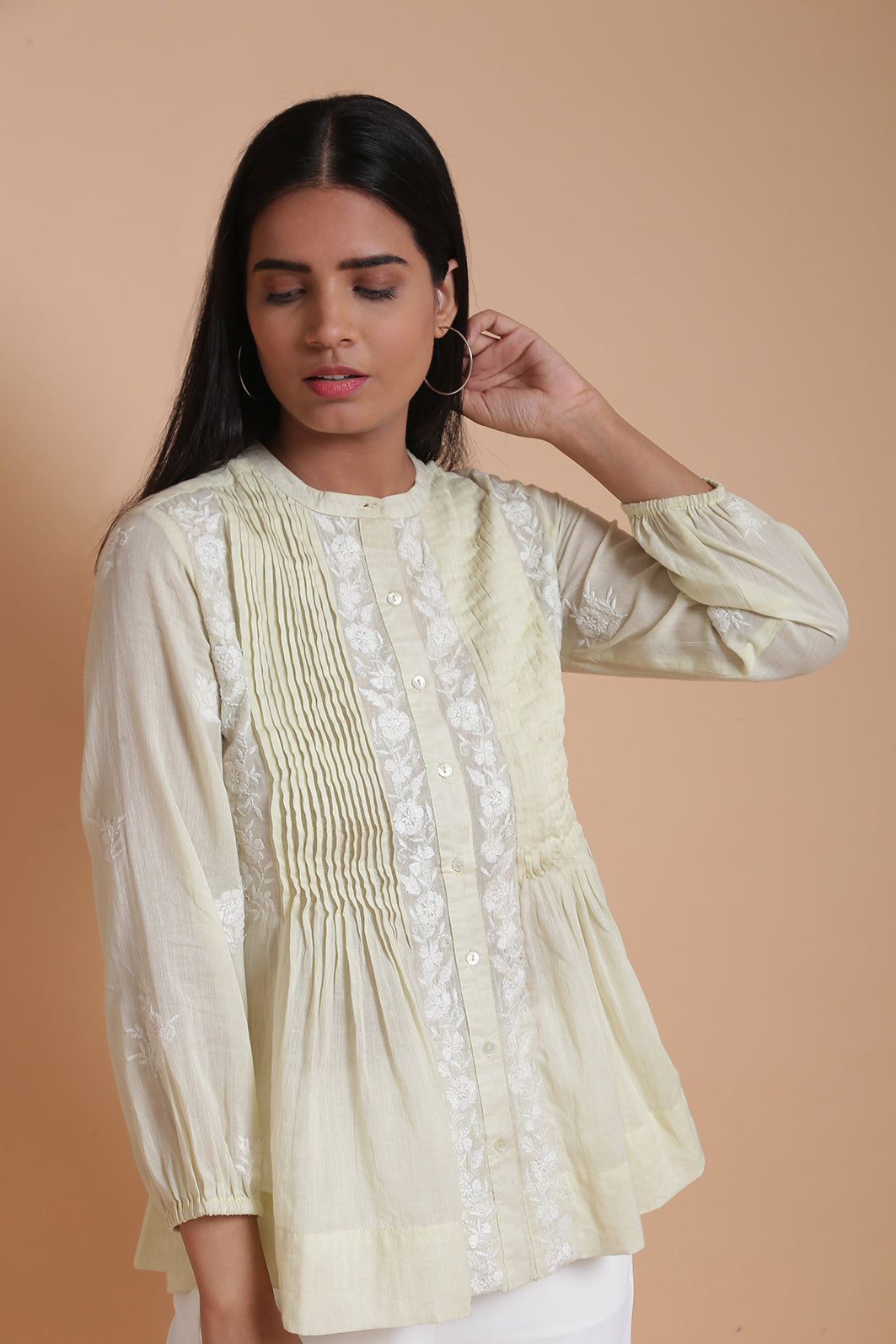 Lime Yellow Mulmul Pleated Embroidered Top
