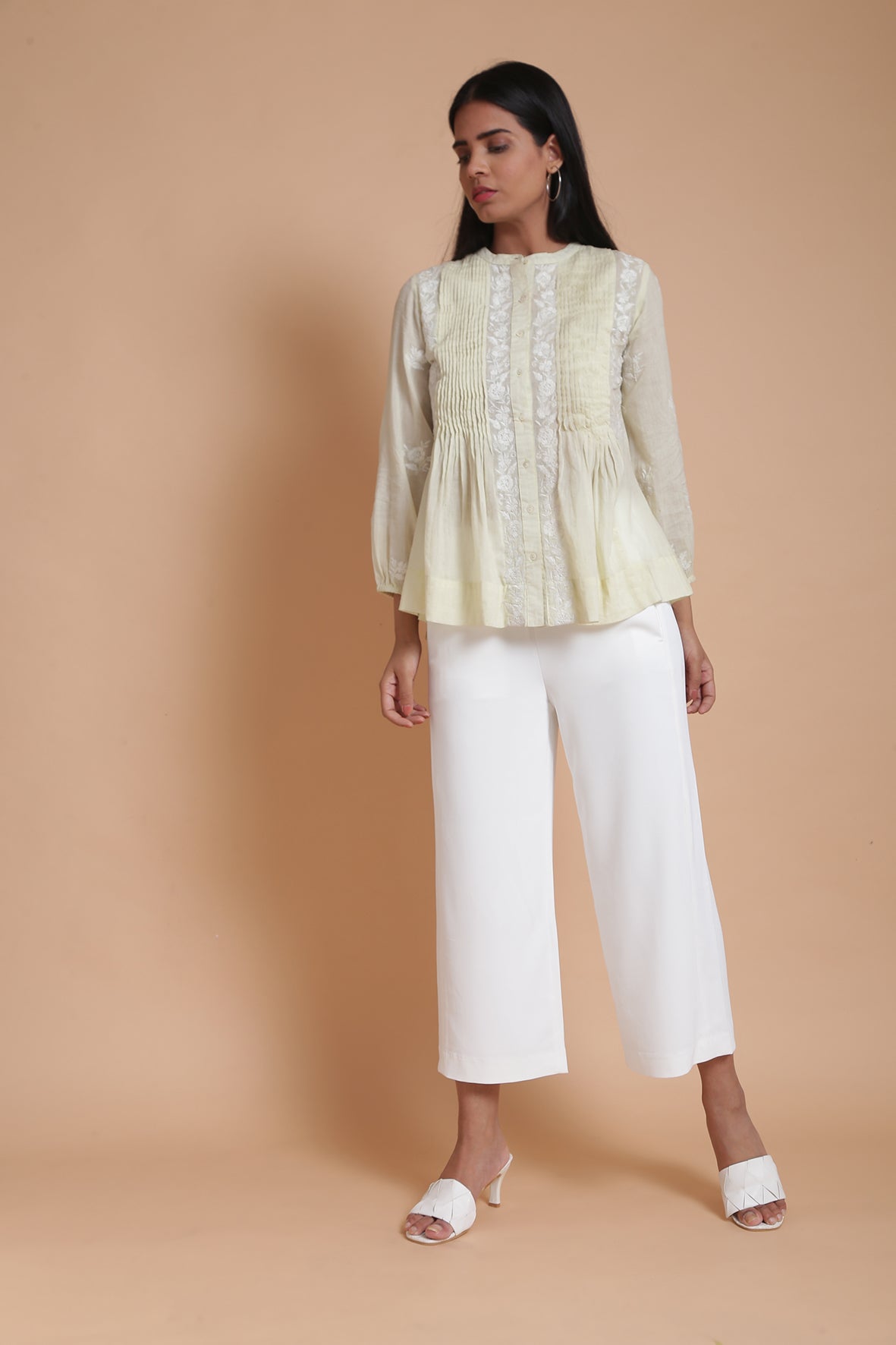 Lime Yellow Mulmul Pleated Embroidered Top