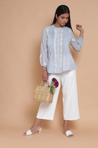 SOLD OUT: Ice Blue Mulmul Embroidered Pleated Top
