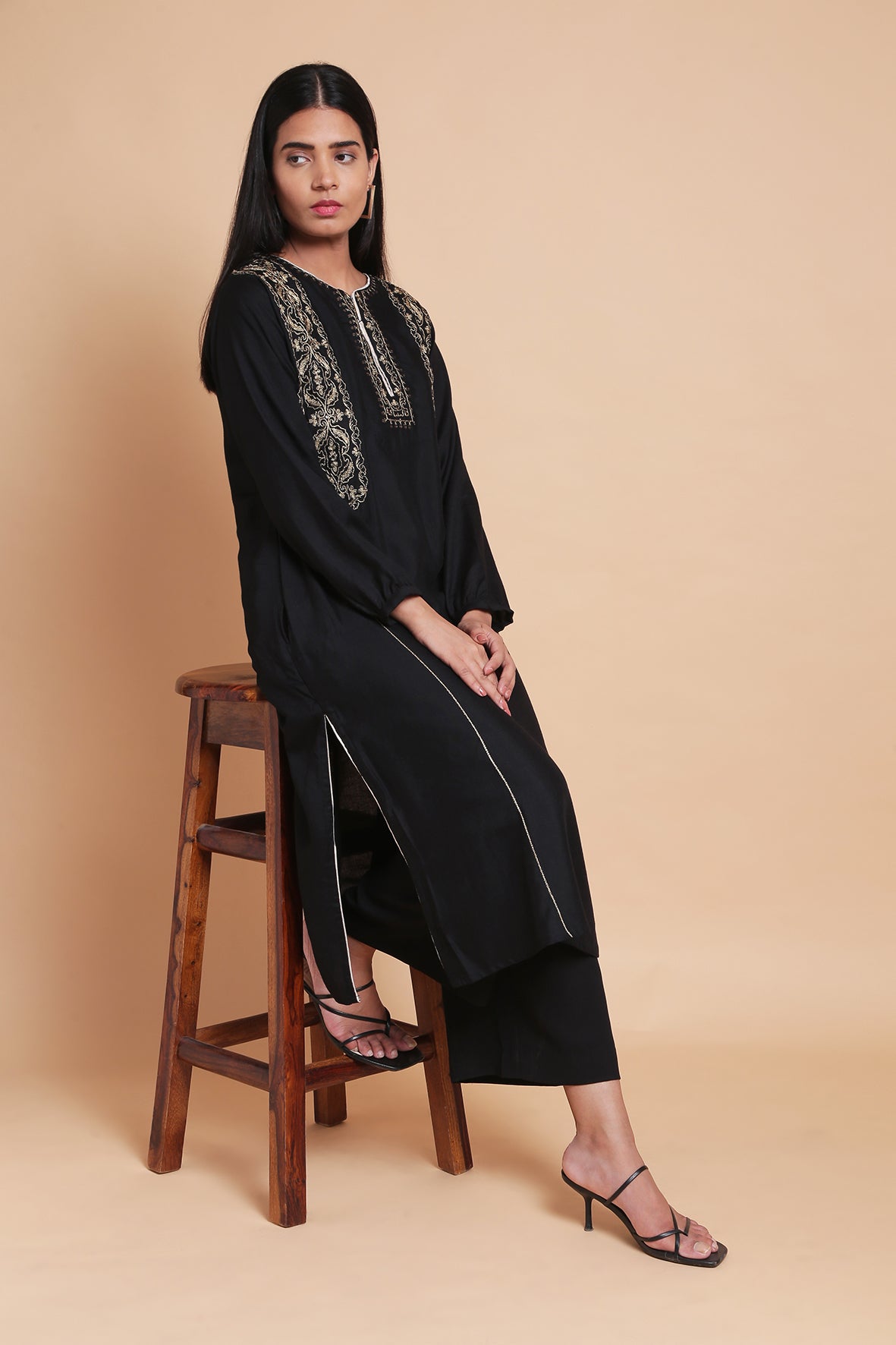 Black & Gold Zari Embroidered Kurta