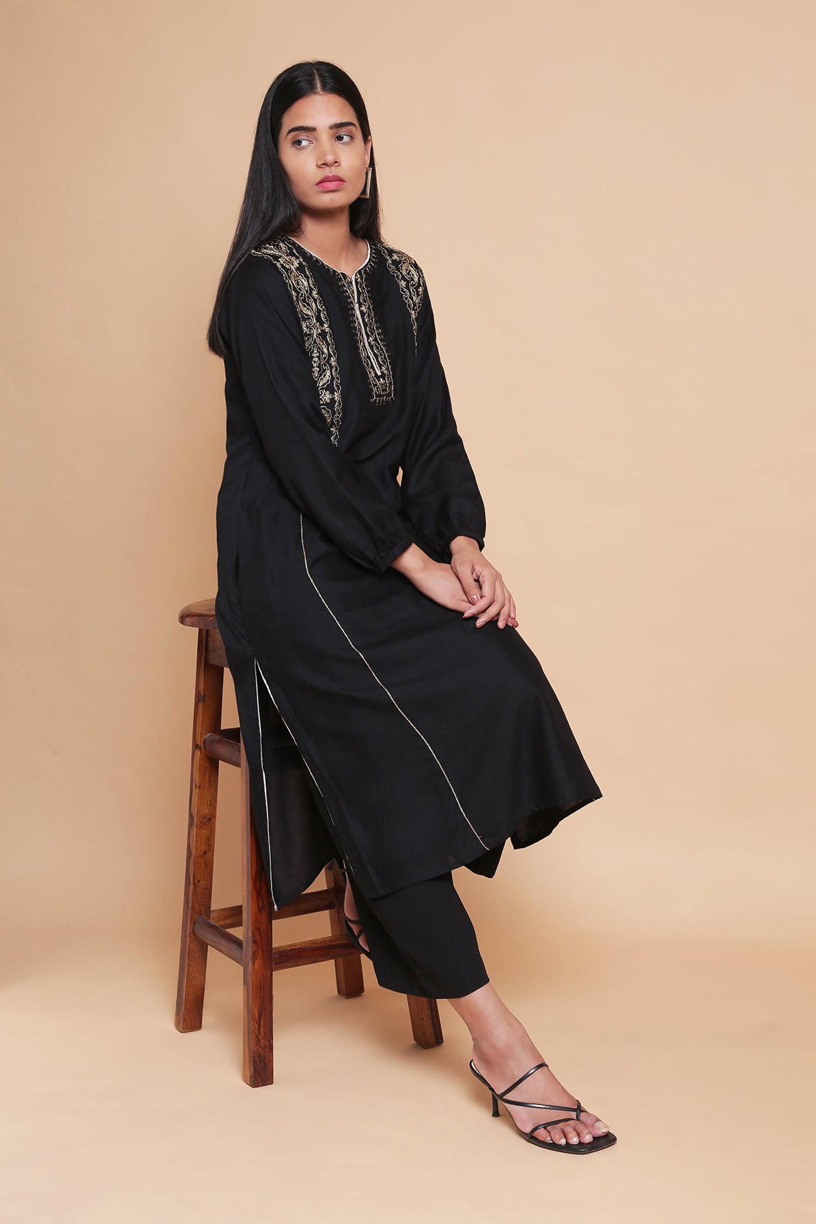 Black & Gold Zari Embroidered Kurta