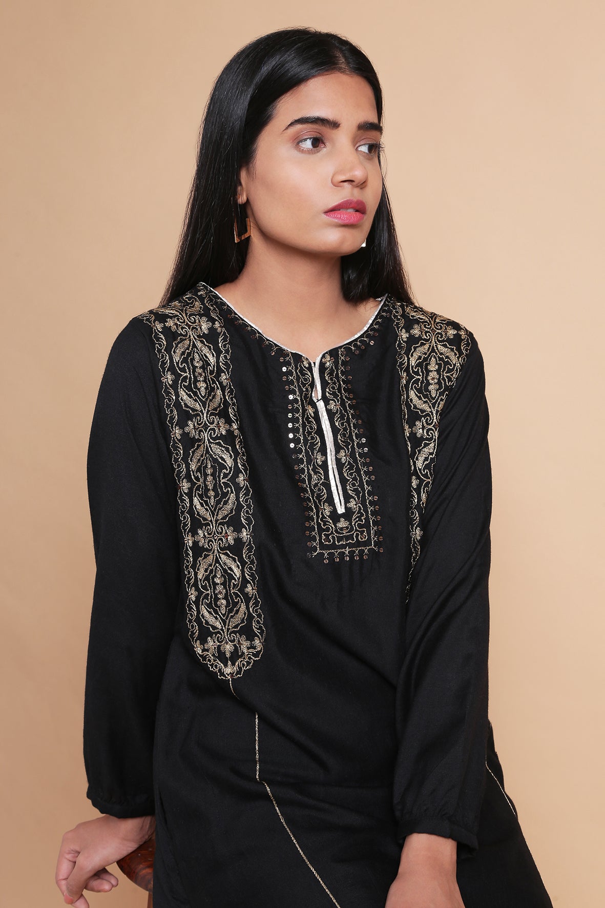 Black & Gold Zari Embroidered Kurta