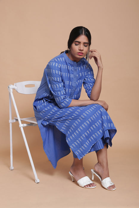Printed Ink Blue Kurta With Side Pockets