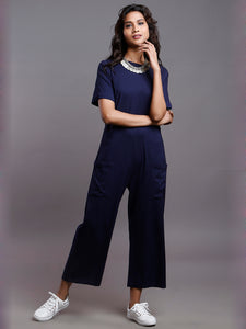 NAVY PLAIN STRETCH JUMPSUIT- MOMS