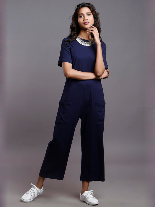 NAVY PLAIN STRETCH JUMPSUIT- MOMS